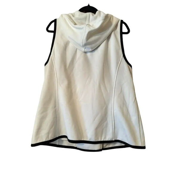Weekend's By Chico's White/Black piping asym zip fleece vest with Hood 3/L - Picture 3 of 7